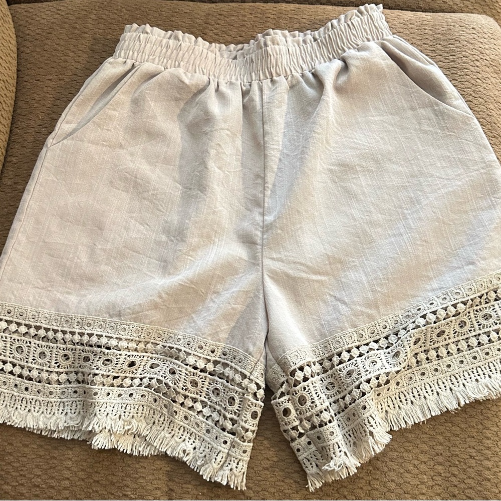 Women's Tan Lace Trim Shorts - Boho Style